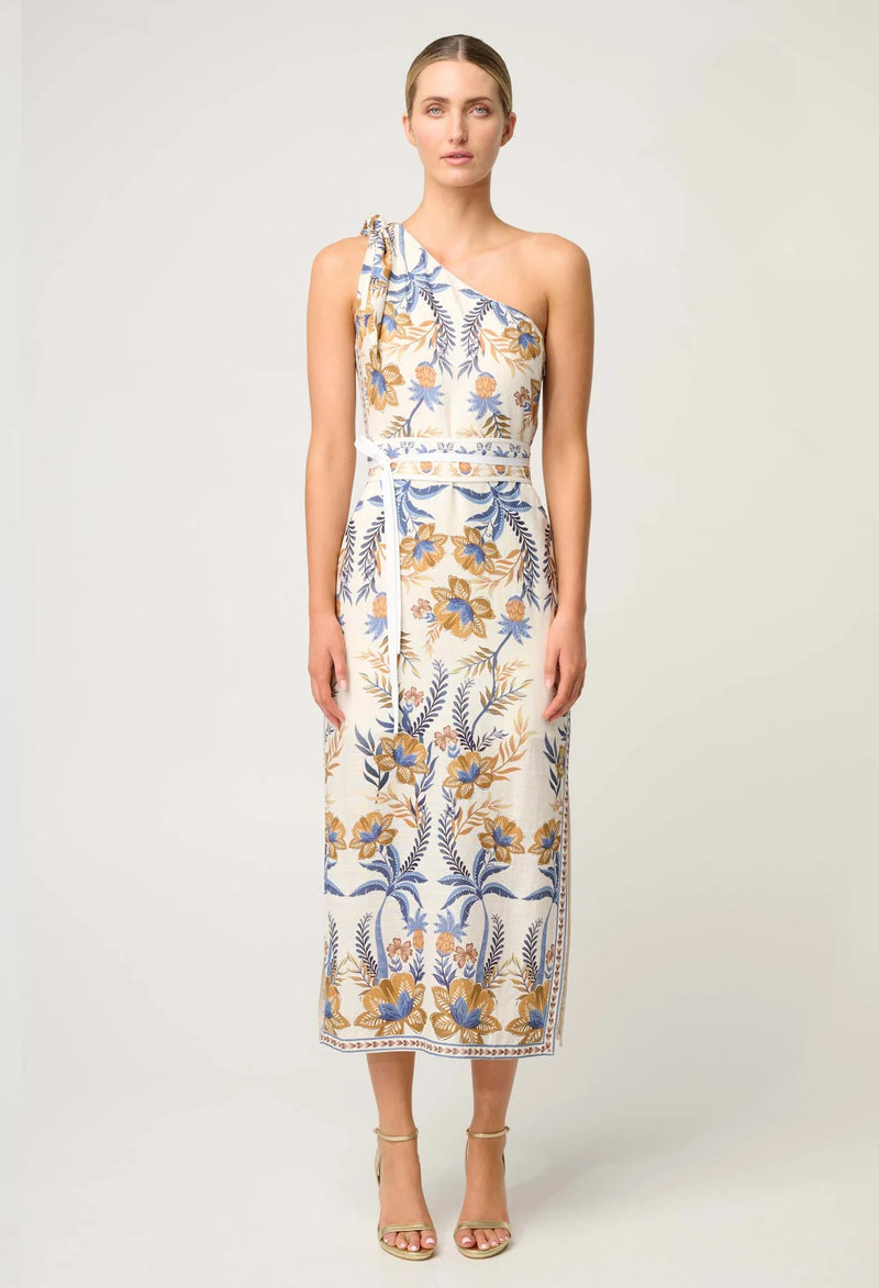 AMIRA ONE SHOULDER TIE LINEN VISCOSE DRESS in Golden Medina from Oncewas