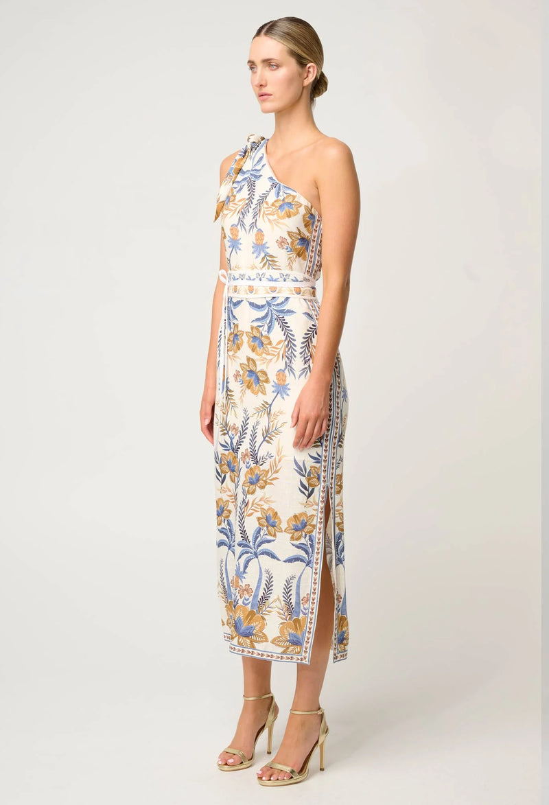 AMIRA ONE SHOULDER TIE LINEN VISCOSE DRESS in Golden Medina from Oncewas