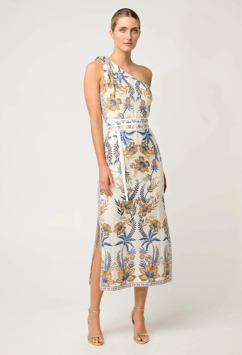 AMIRA ONE SHOULDER TIE LINEN VISCOSE DRESS in Golden Medina from Oncewas