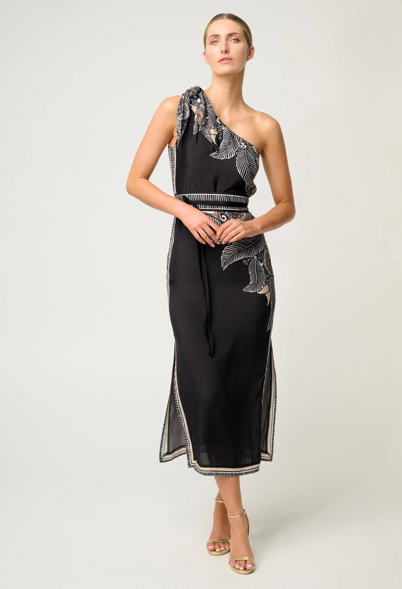 AMIRA ONE SHOULDER VISCOSE FAILLE DRESS | Onyx Casablanca