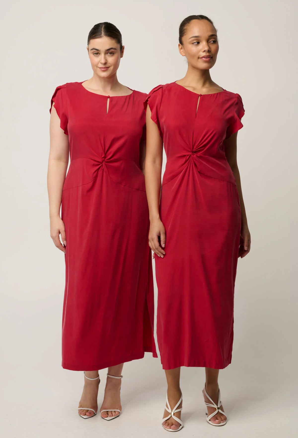 GENEVA STRETCH TWIST COLUMN MIDI DRESS in Dahlia Red from Oncewas
