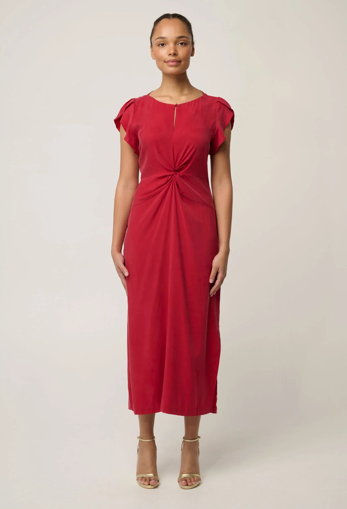 GENEVA STRETCH TWIST COLUMN MIDI DRESS in Dahlia Red from Oncewas