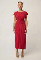 GENEVA STRETCH TWIST COLUMN MIDI DRESS in Dahlia Red from Oncewas