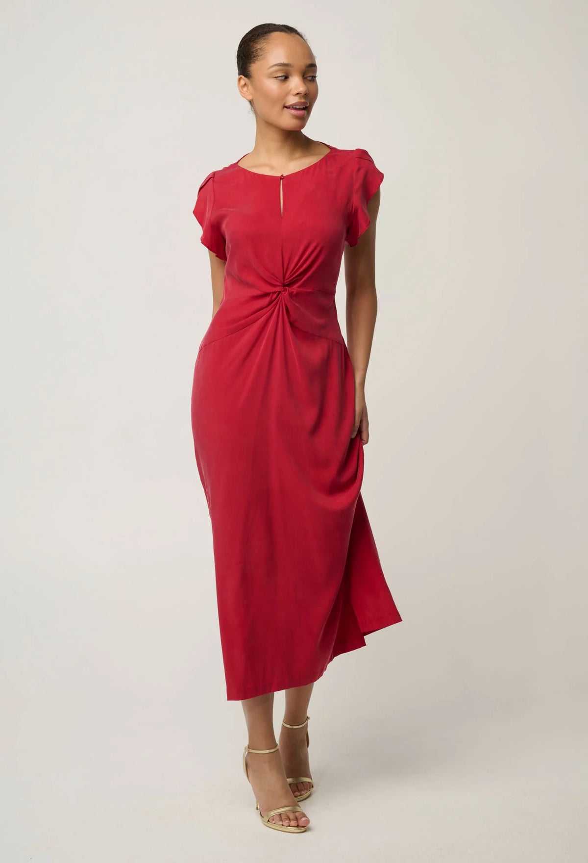 GENEVA STRETCH TWIST COLUMN MIDI DRESS in Dahlia Red from Oncewas