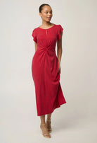 GENEVA STRETCH TWIST COLUMN MIDI DRESS in Dahlia Red from Oncewas