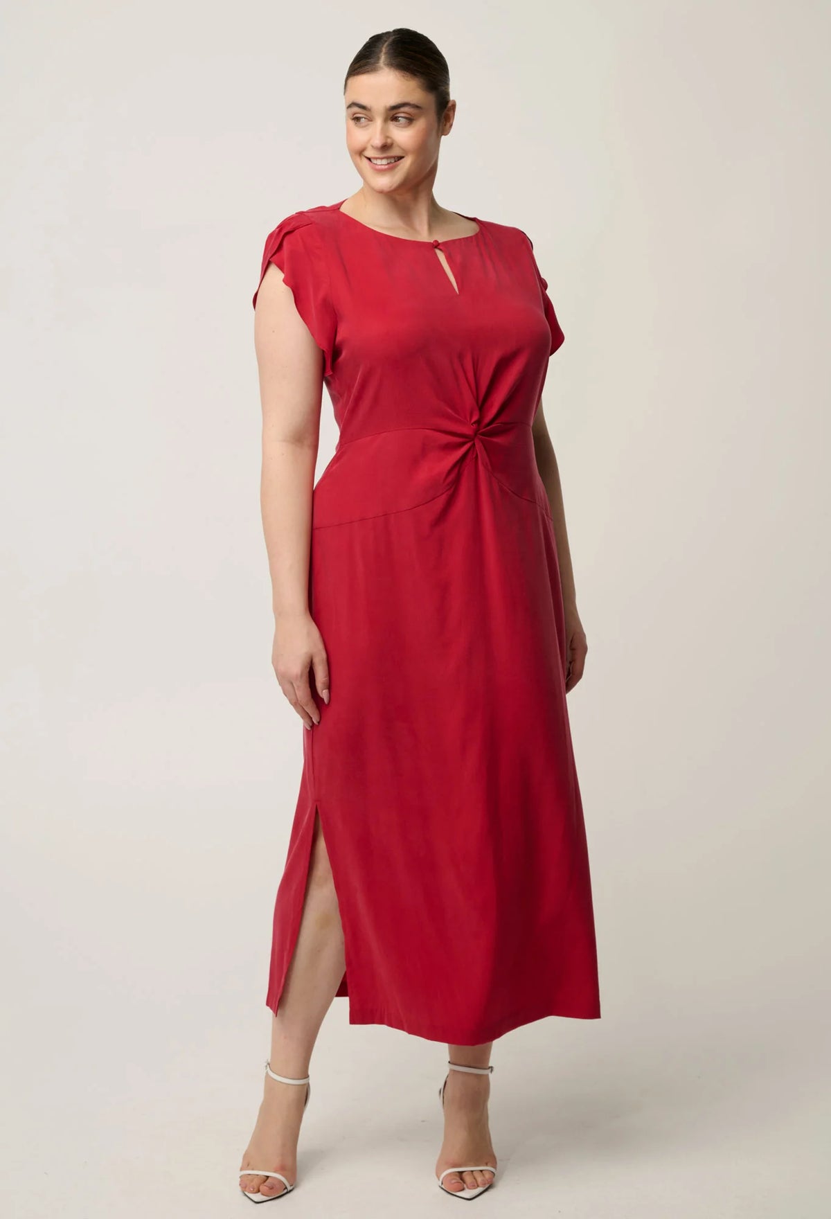 GENEVA STRETCH TWIST COLUMN MIDI DRESS in Dahlia Red from Oncewas