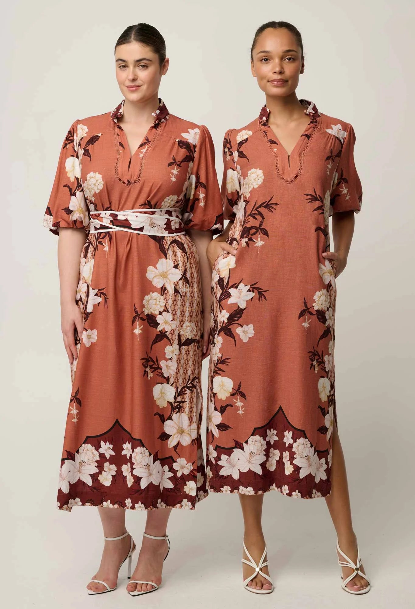 GISELA LINEN VISCOSE PRINTED COLUMN MIDI DRESS in Amber Vine from Oncewas
