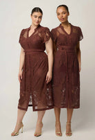 SOLENE COTTON BLEND PLACEMENT LACE DRESS in Rosewood from Oncewas
