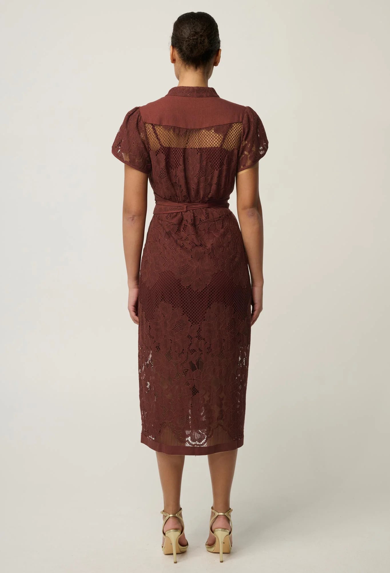 SOLENE COTTON BLEND PLACEMENT LACE DRESS in Rosewood from Oncewas
