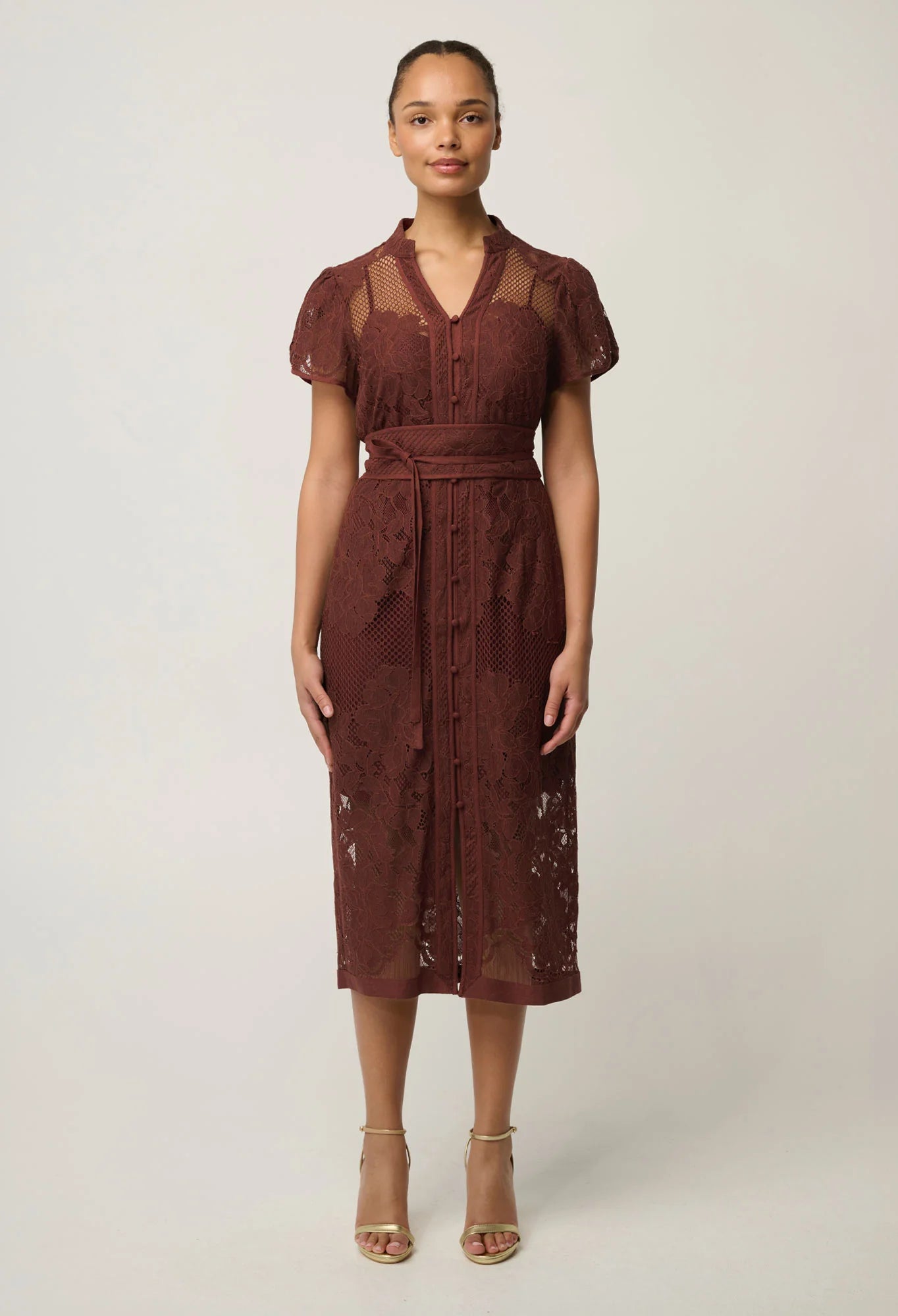 SOLENE COTTON BLEND PLACEMENT LACE DRESS in Rosewood from Oncewas