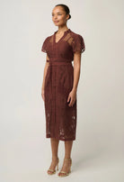 SOLENE COTTON BLEND PLACEMENT LACE DRESS in Rosewood from Oncewas