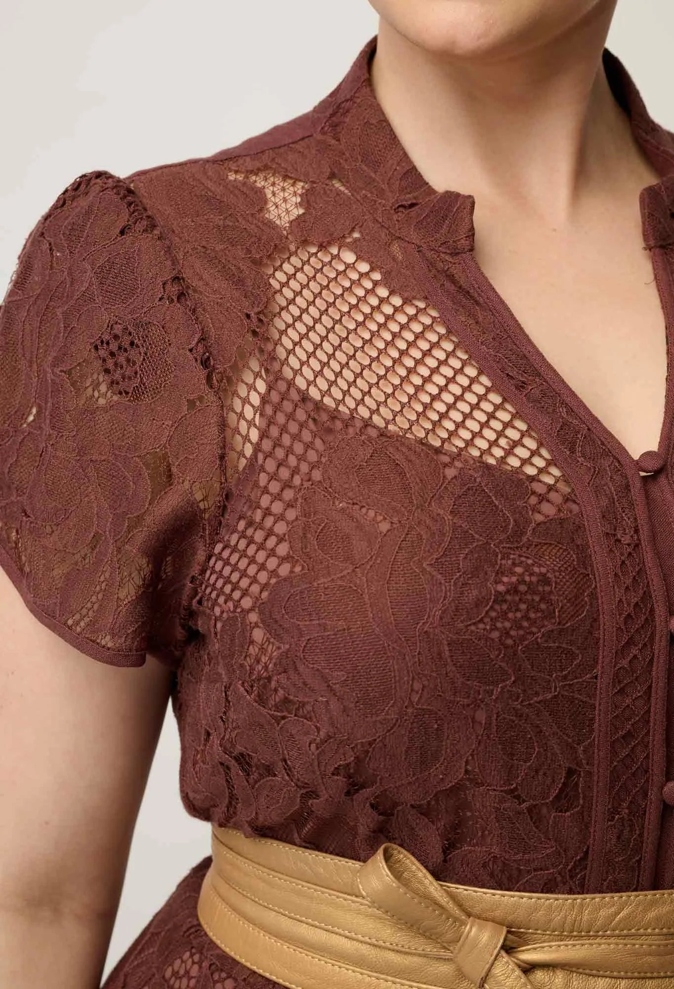 SOLENE COTTON BLEND PLACEMENT LACE DRESS in Rosewood from Oncewas