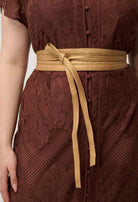 SOLENE COTTON BLEND PLACEMENT LACE DRESS in Rosewood from Oncewas