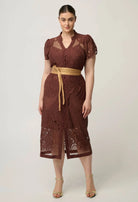 SOLENE COTTON BLEND PLACEMENT LACE DRESS in Rosewood from Oncewas