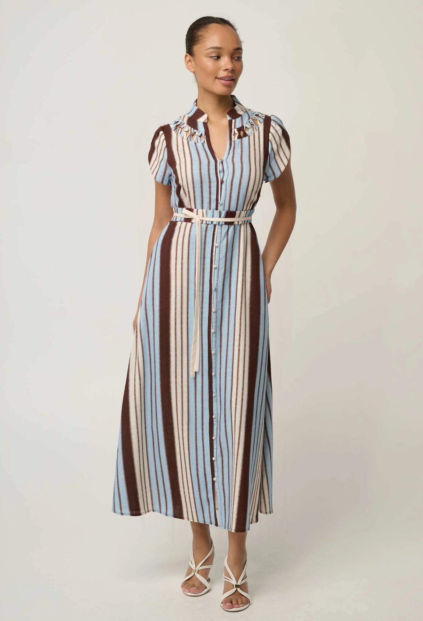 CATTLEYA LINEN VISCOSE SMOCK MAXI DRESS in Iridescent Stripe from Oncewas