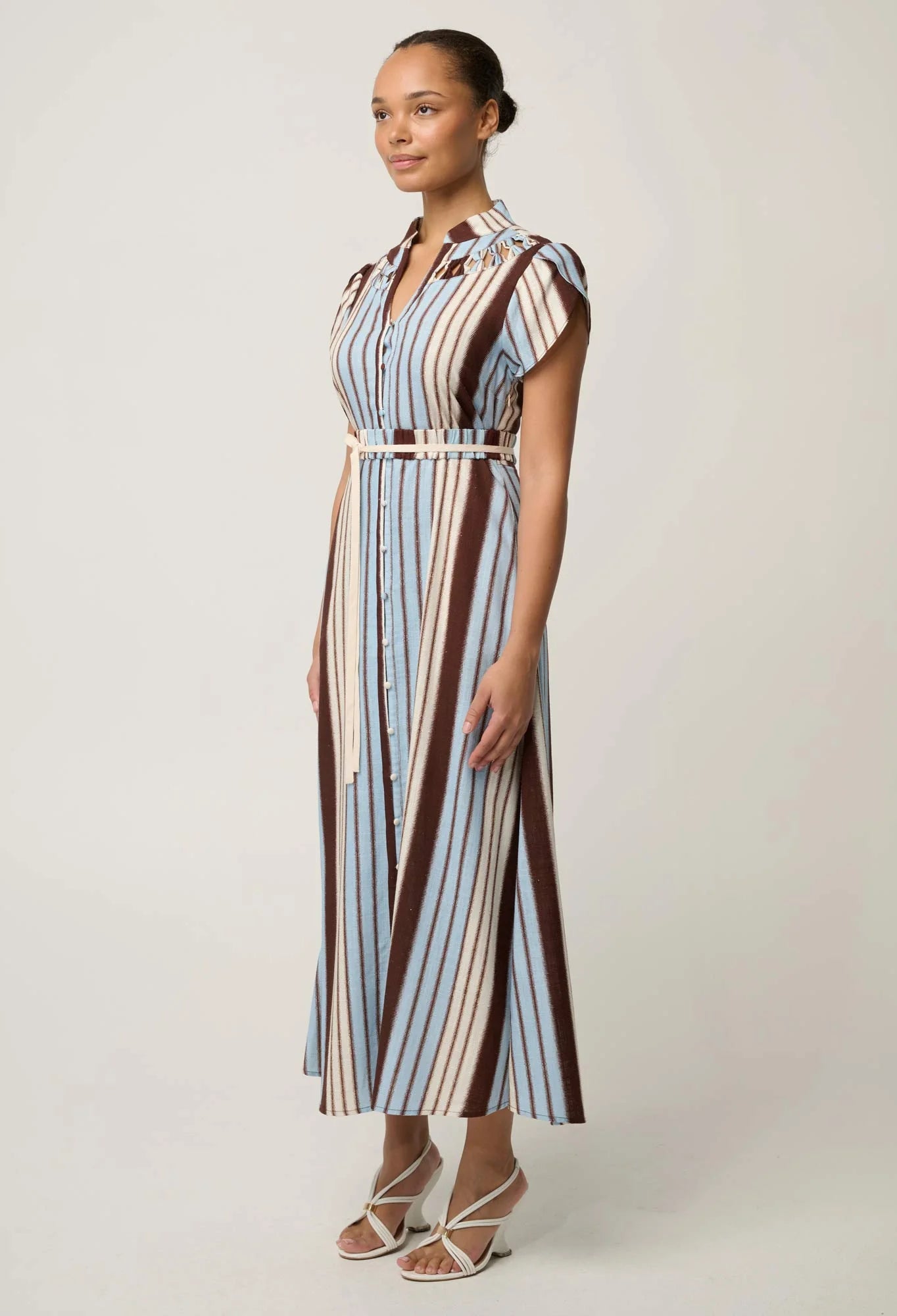 CATTLEYA LINEN VISCOSE SMOCK MAXI DRESS in Iridescent Stripe from Oncewas