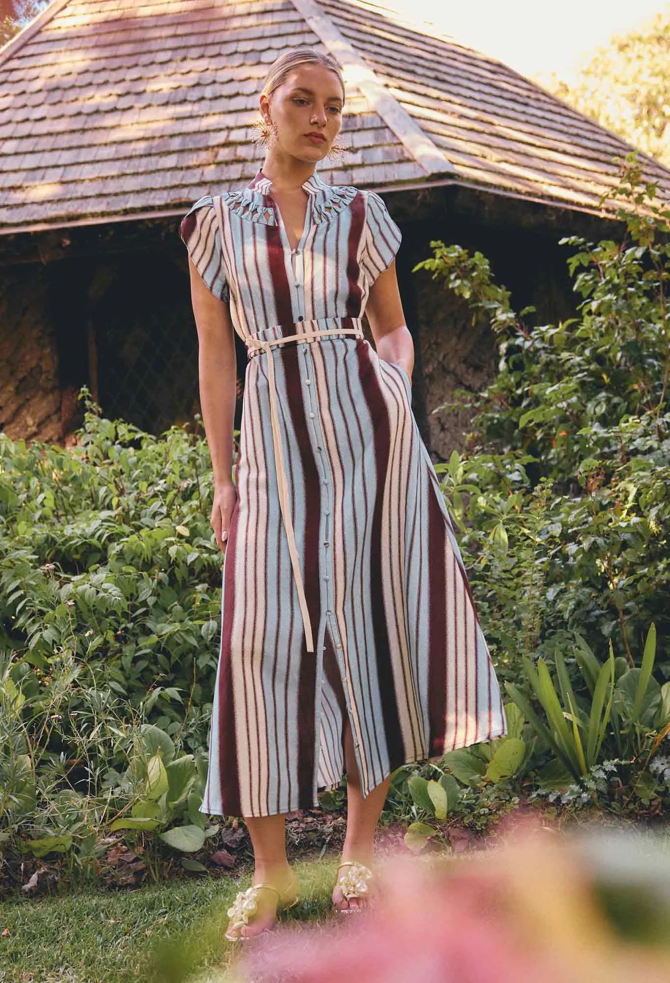CATTLEYA LINEN VISCOSE SMOCK MAXI DRESS in Iridescent Stripe from Oncewas