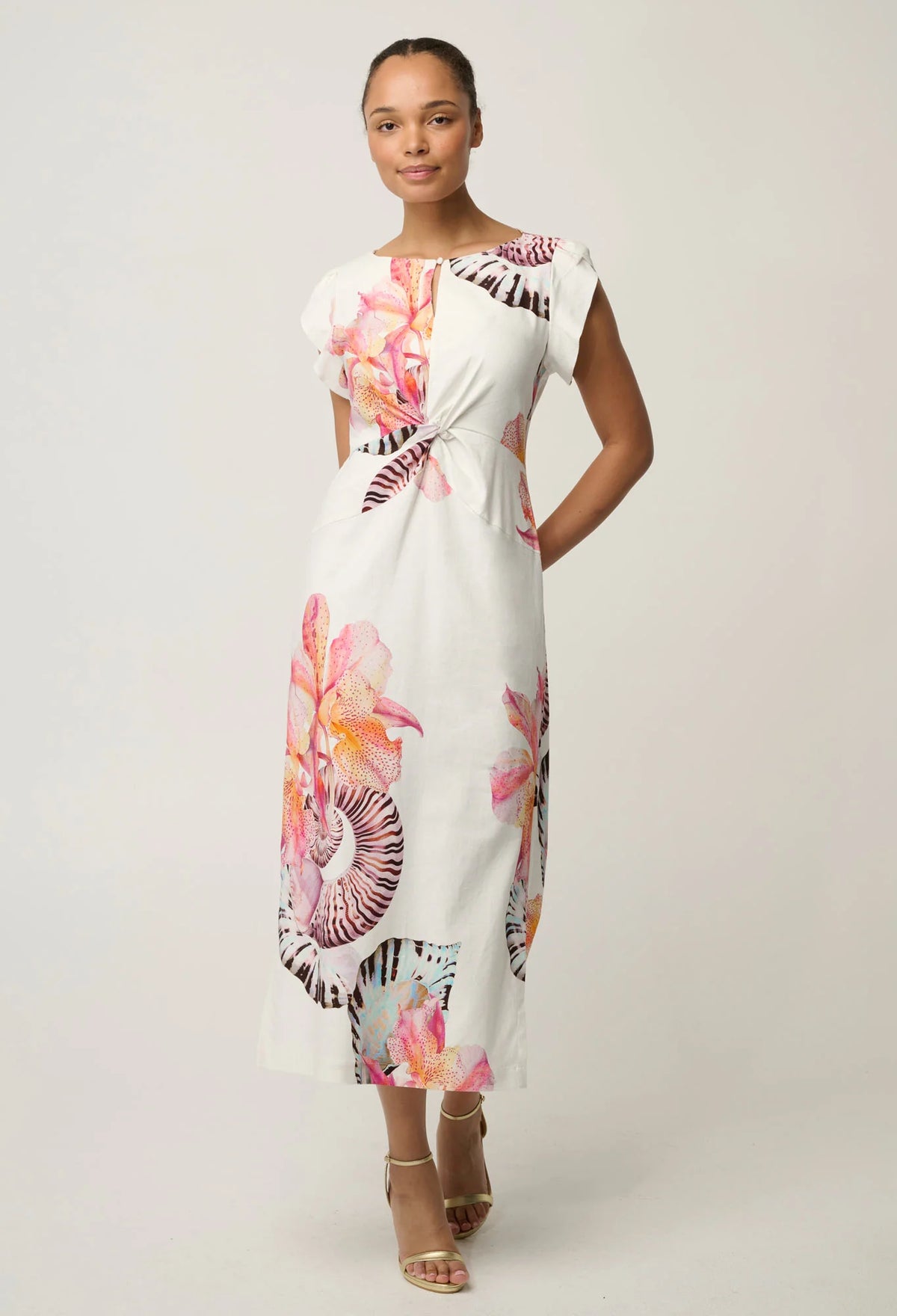 GENEVA STRETCH TWIST COLUMN MIDI DRESS in Nautilius from Oncewas