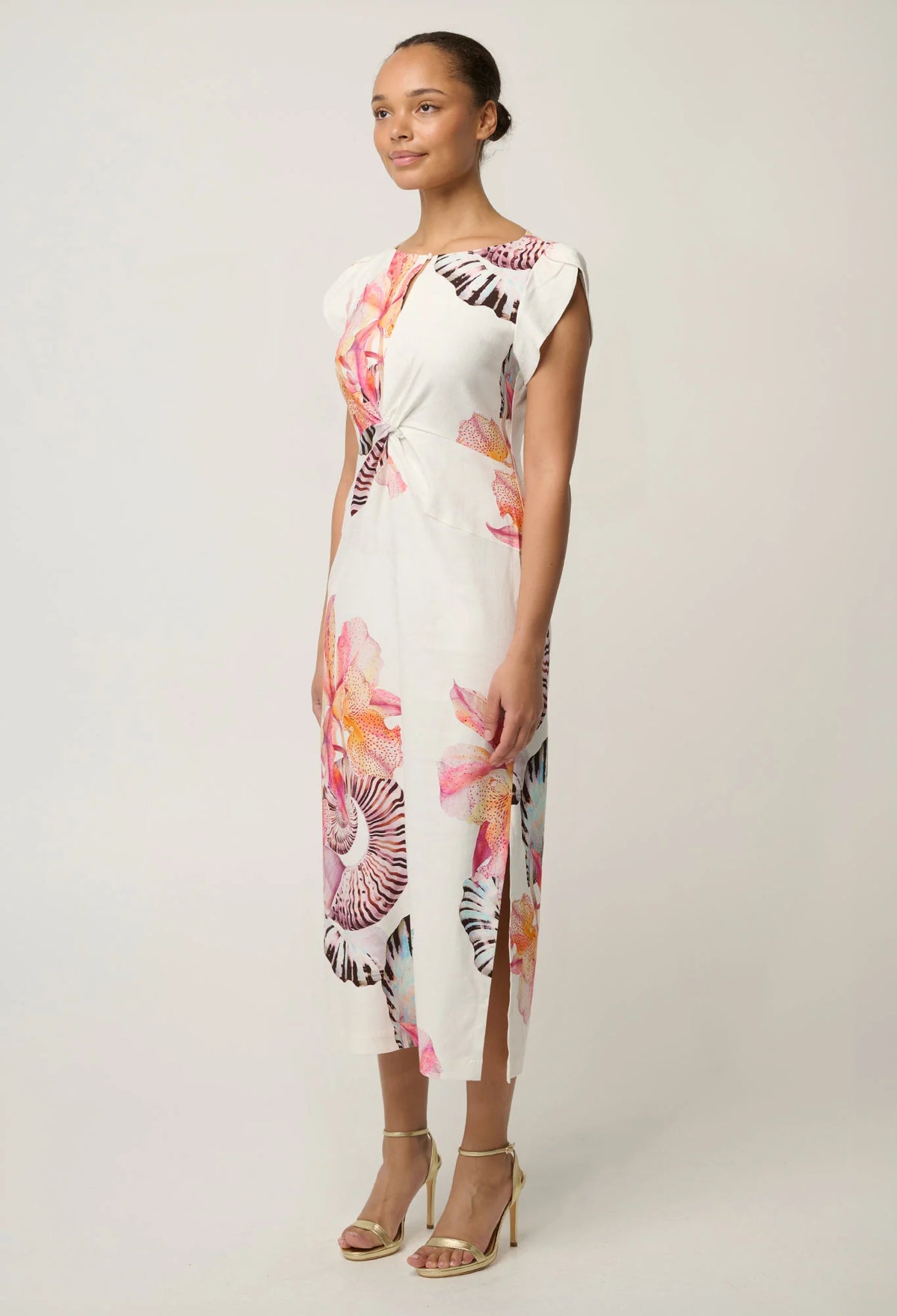 GENEVA STRETCH TWIST COLUMN MIDI DRESS in Nautilius from Oncewas