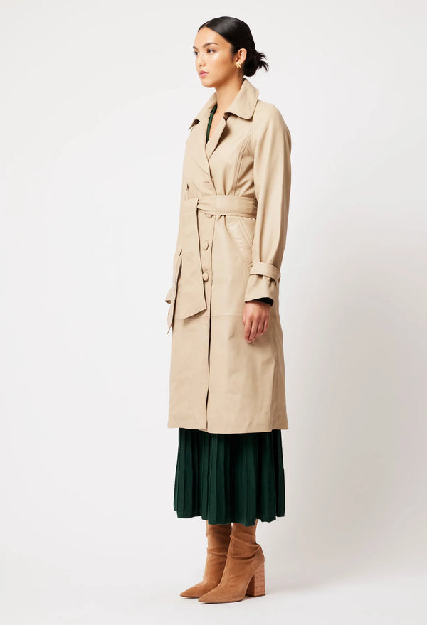 ASTRA LEATHER TRENCH COAT in Oatmeal from Oncewas