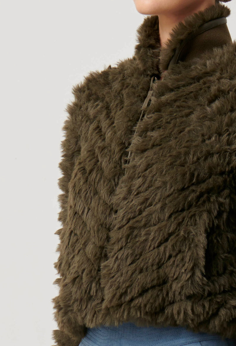 SYBIL CHEVRON FAUX FUR BOMBER in Moss from Oncewas