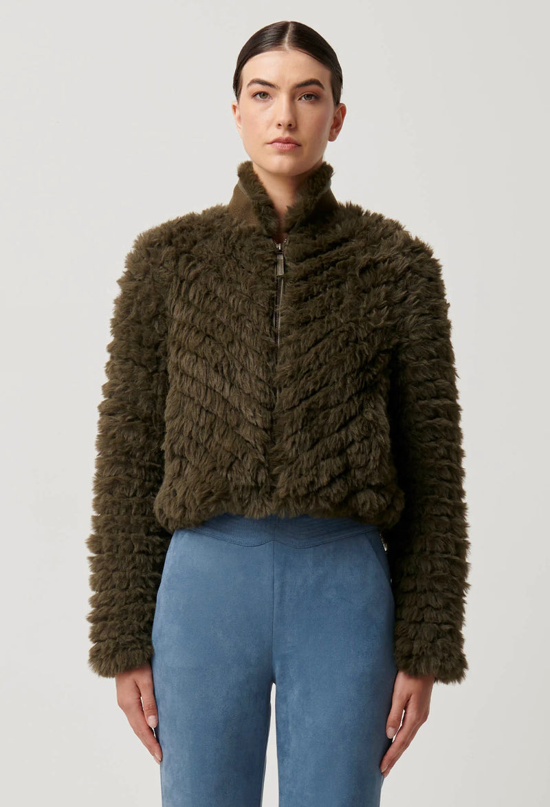 SYBIL CHEVRON FAUX FUR BOMBER in Moss from Oncewas