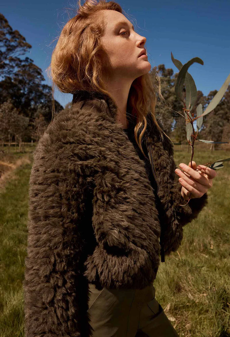 SYBIL CHEVRON FAUX FUR BOMBER in Moss from Oncewas