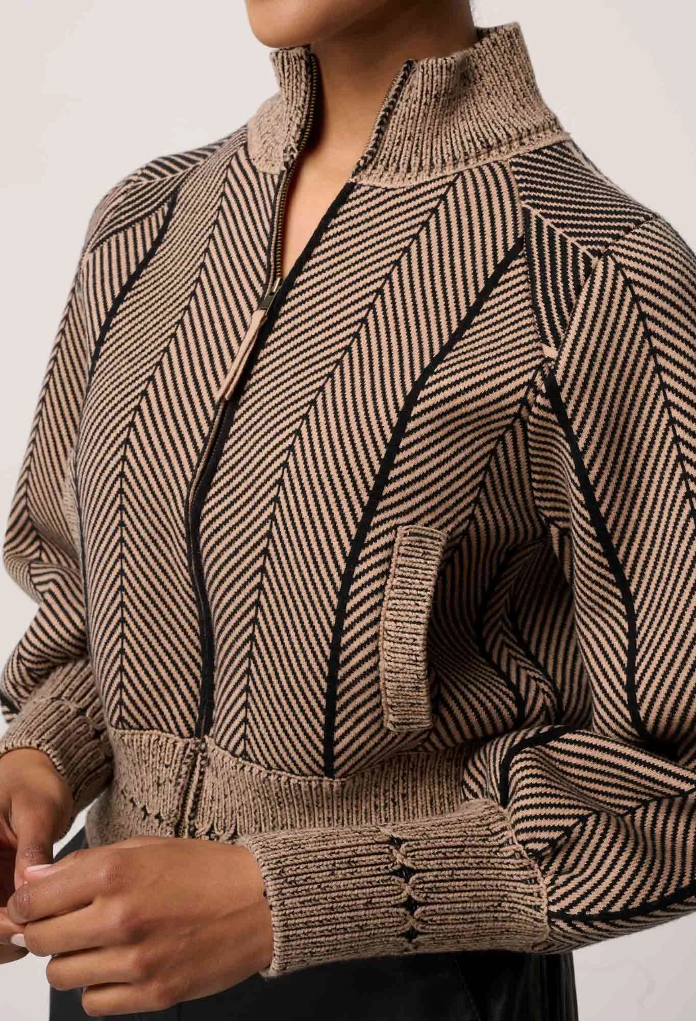 JEANNE WOOL BLEND KNIT BOMBER in Tan Chevron from OnceWas
