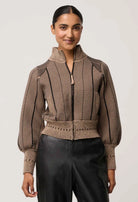 JEANNE WOOL BLEND KNIT BOMBER in Tan Chevron from OnceWas