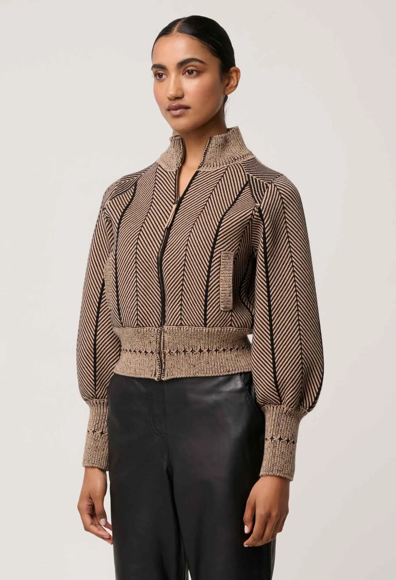 JEANNE WOOL BLEND KNIT BOMBER in Tan Chevron from OnceWas