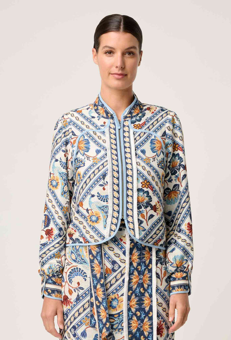 AURORA REVERSIBLE FRINGE JACKET in Petinos Floros + Ash from Oncewas