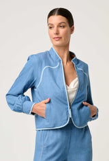 AURORA REVERSIBLE FRINGE JACKET in Petinos Floros + Ash from Oncewas