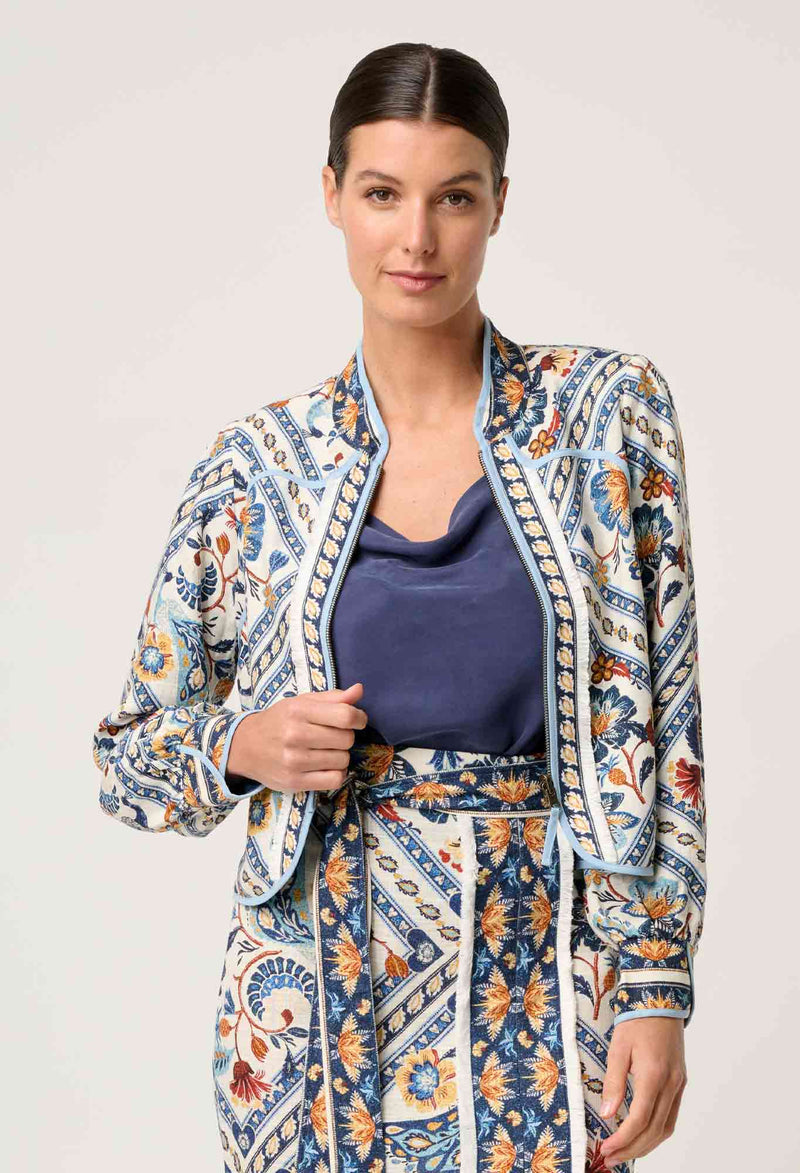 AURORA REVERSIBLE FRINGE JACKET in Petinos Floros + Ash from Oncewas