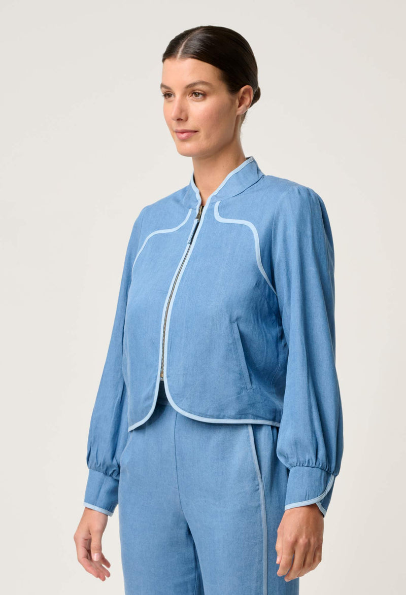 AURORA REVERSIBLE FRINGE JACKET in Petinos Floros + Ash from Oncewas