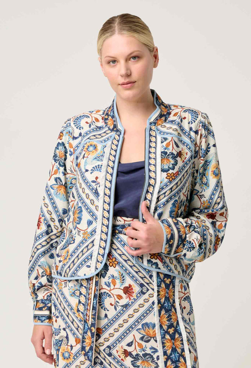 AURORA REVERSIBLE FRINGE JACKET in Petinos Floros + Ash from Oncewas