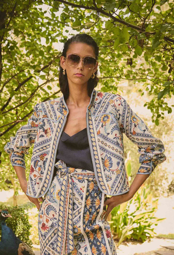 AURORA REVERSIBLE FRINGE JACKET in Petinos Floros + Ash from Oncewas