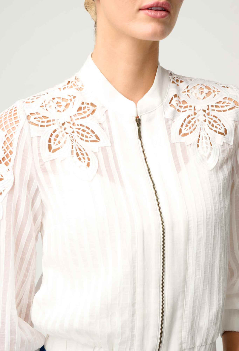LAMIA TENCIL LACE DETAIL BOMBER in Ivory from Oncewas