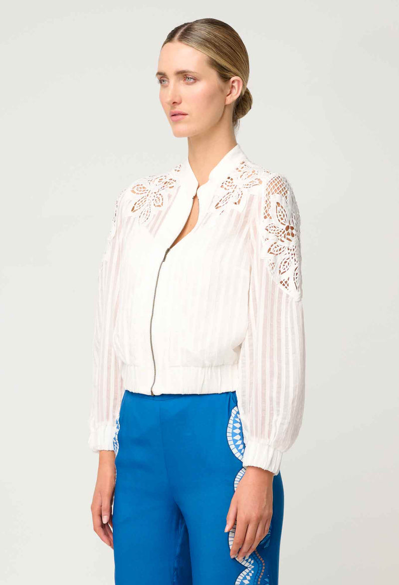 LAMIA TENCIL LACE DETAIL BOMBER in Ivory from Oncewas