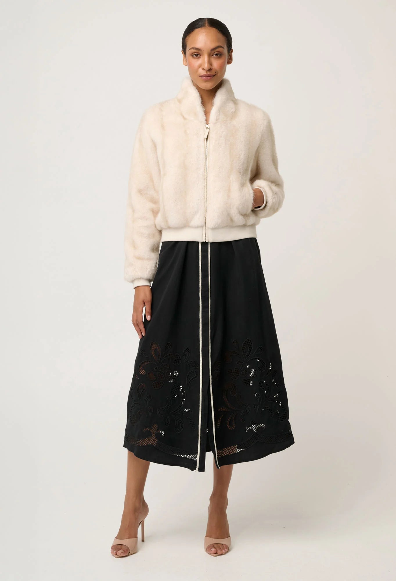 CHRYSTA FAUX FUR BOMBER in Porcelain from Oncewas