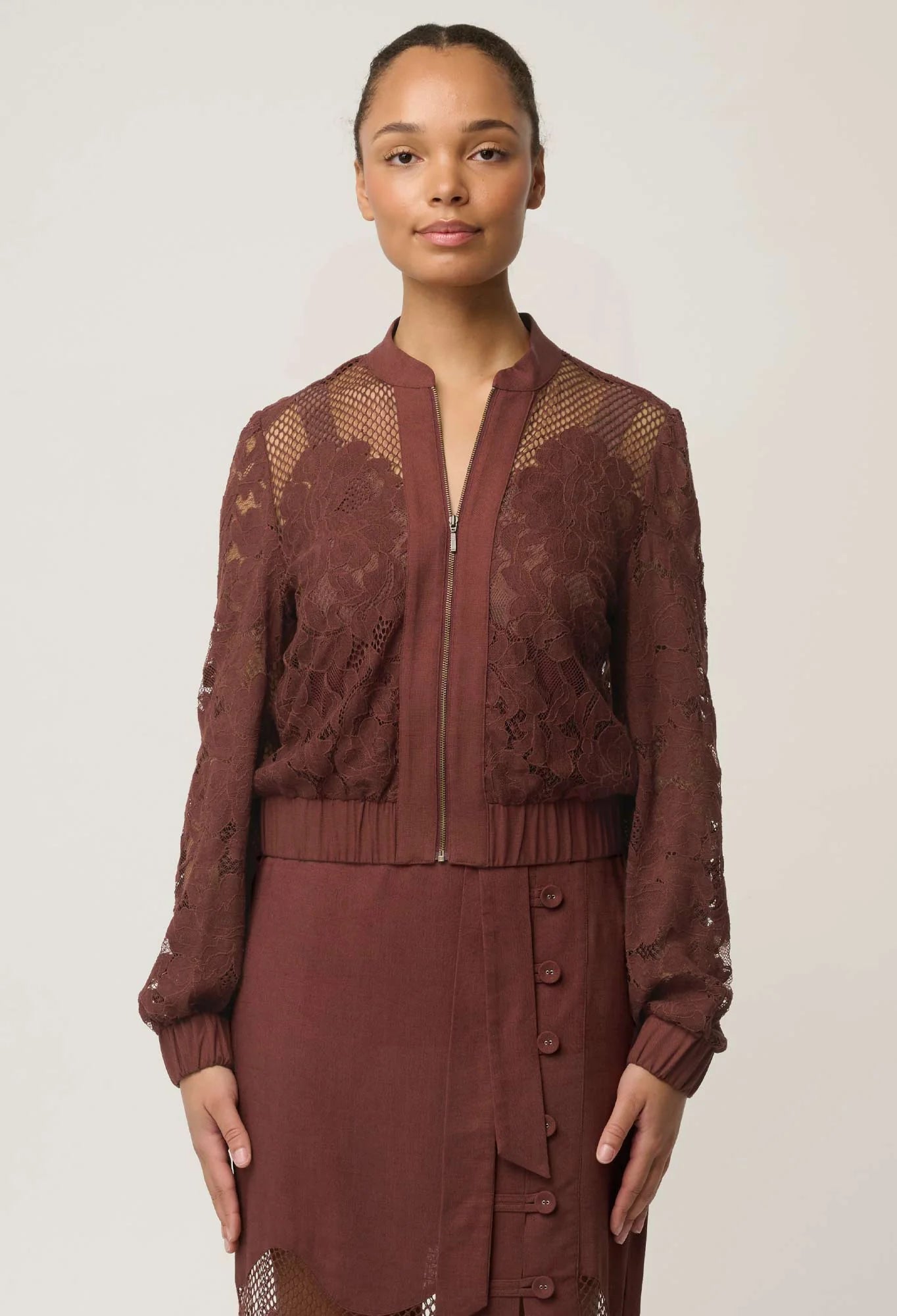 SOLENE COTTON BLEND LACE BOMBER in Rosewood from Oncewas