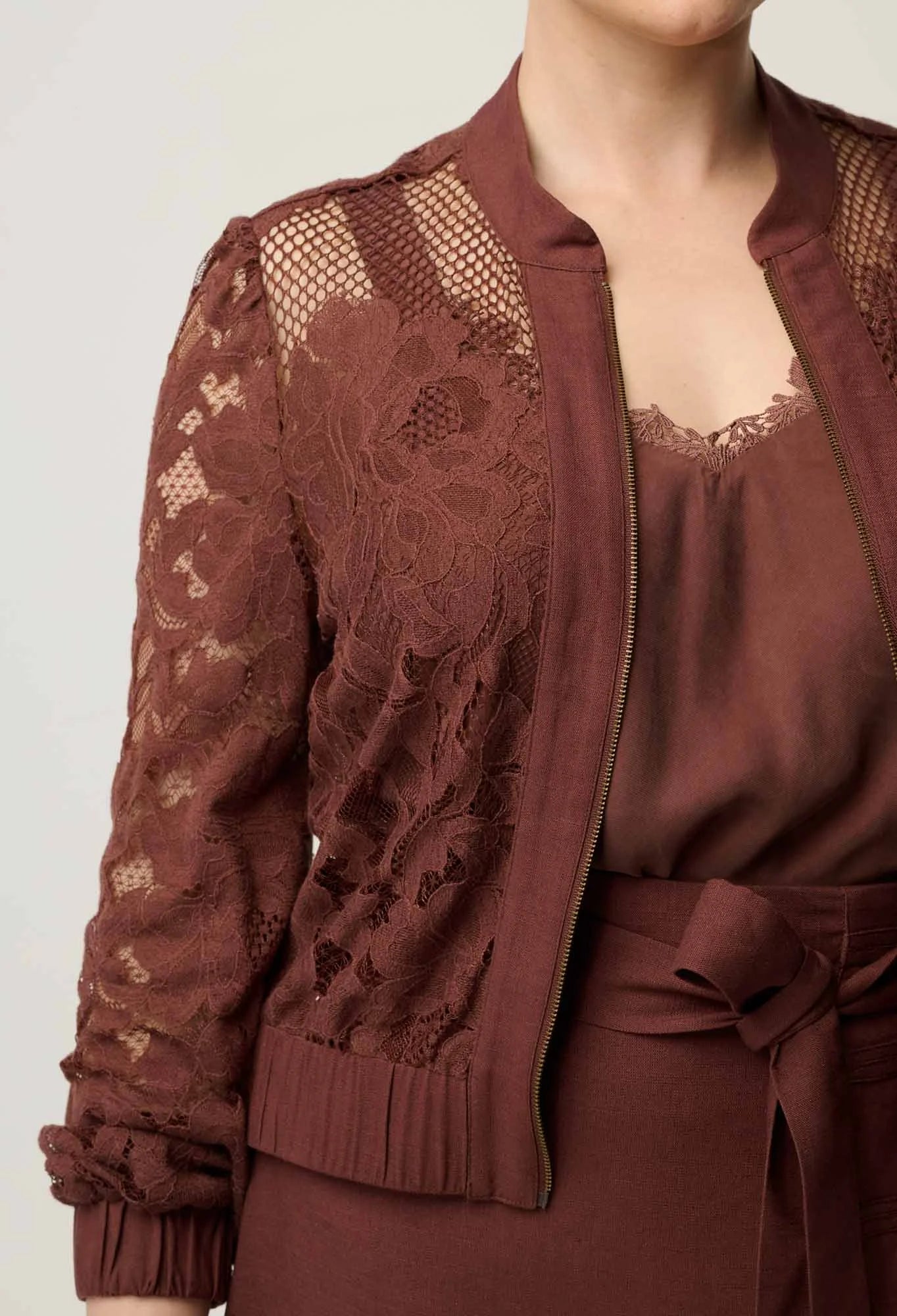 SOLENE COTTON BLEND LACE BOMBER in Rosewood from Oncewas