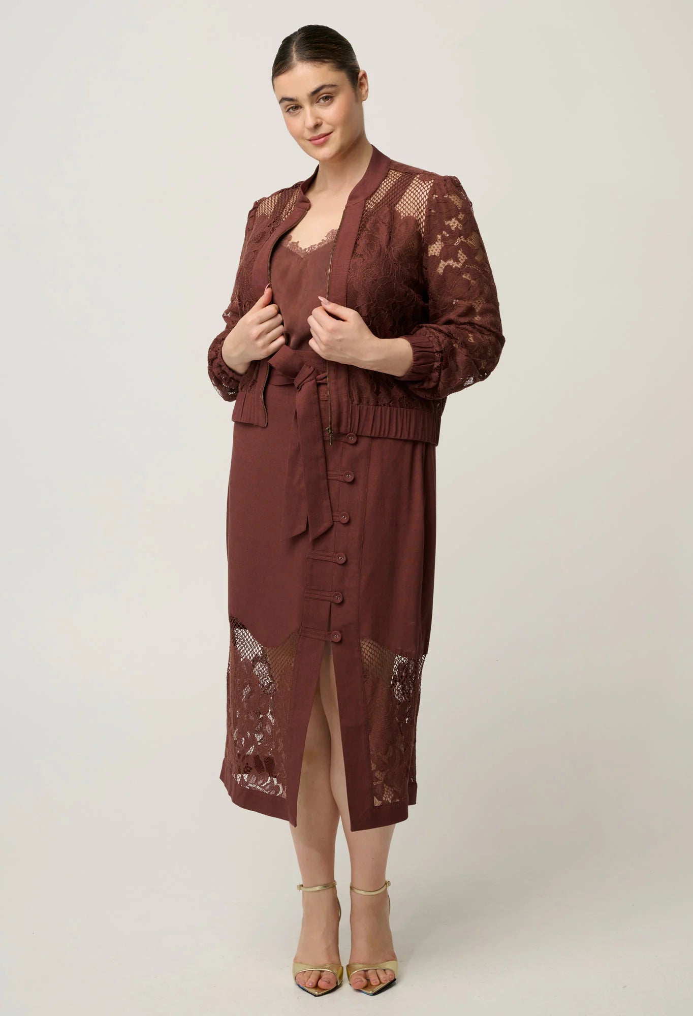 SOLENE COTTON BLEND LACE BOMBER in Rosewood from Oncewas