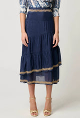 MUSTIQUE COTTON SILK EMBROIDERED SKIRT in Ink from Oncewas