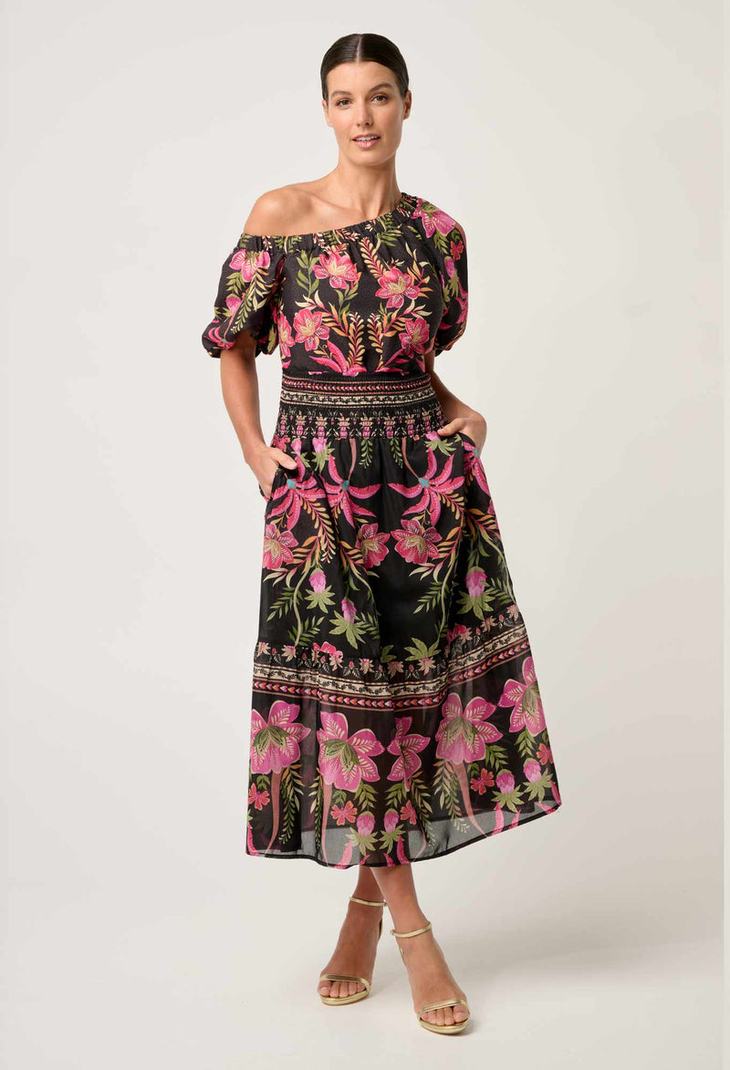 CORDELIA SHIRRED WAIST SILK COTTON SKIRT in Anthos Lotos from Oncewas