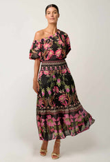 CORDELIA SHIRRED WAIST SILK COTTON SKIRT in Anthos Lotos from Oncewas