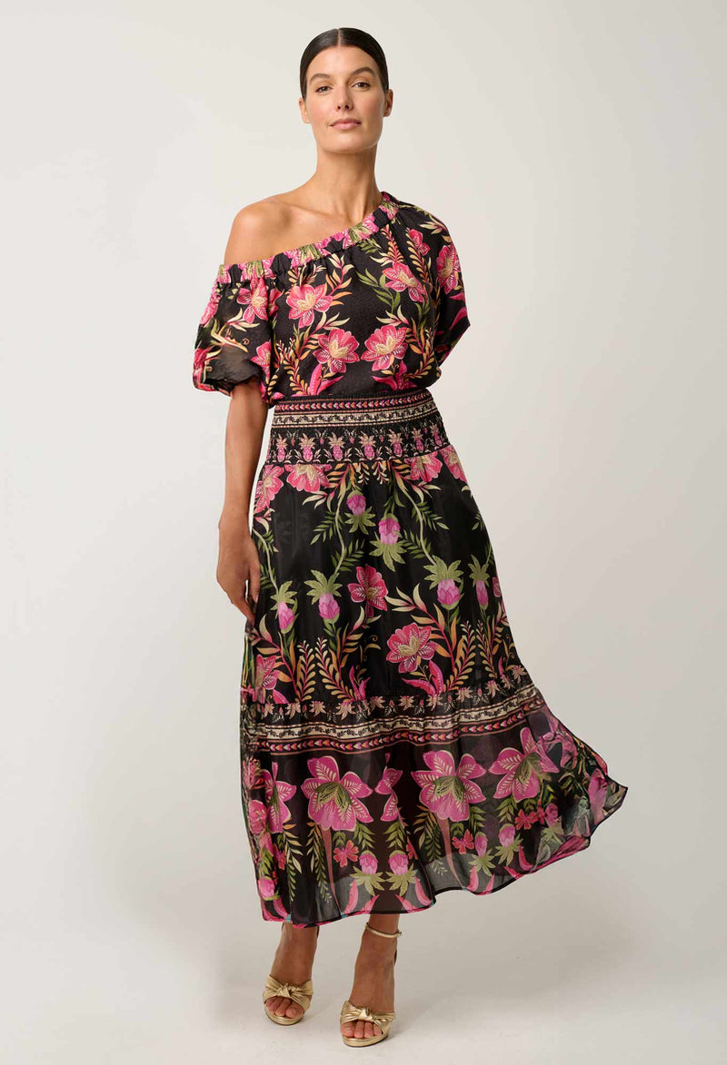 CORDELIA SHIRRED WAIST SILK COTTON SKIRT in Anthos Lotos from Oncewas