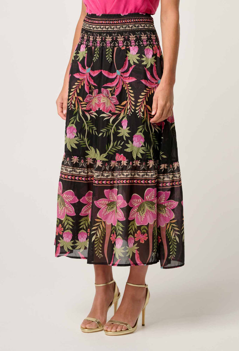 CORDELIA SHIRRED WAIST SILK COTTON SKIRT in Anthos Lotos from Oncewas