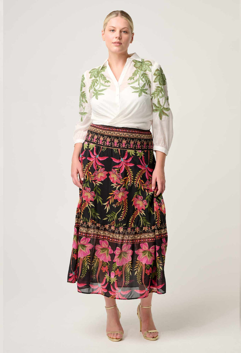 CORDELIA SHIRRED WAIST SILK COTTON SKIRT in Anthos Lotos from Oncewas