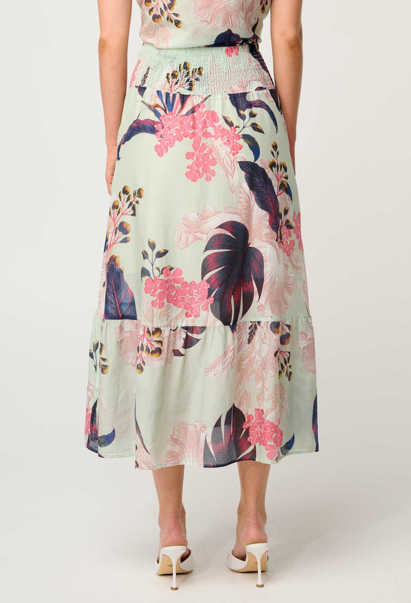 CORDELIA SHIRRED SILK COTTON SKIRT in Oasis Flora from Oncewas