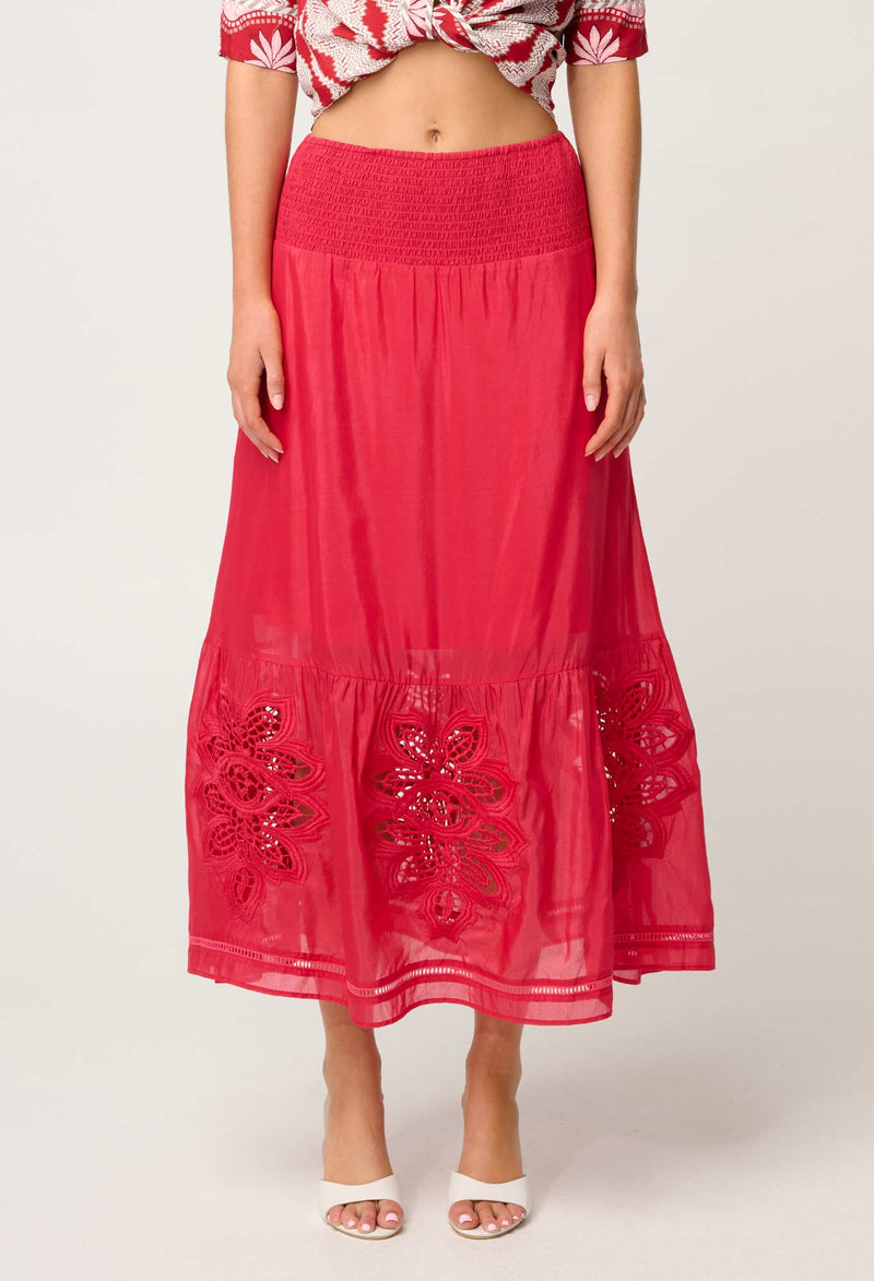 CORDELIA SHIRRED SILK COTTON SKIRT | Ruby